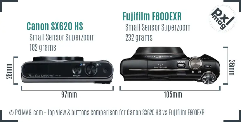 Canon SX620 HS vs Fujifilm F800EXR top view buttons comparison