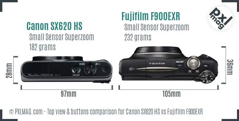 Canon SX620 HS vs Fujifilm F900EXR top view buttons comparison
