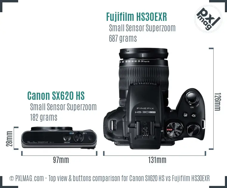 Canon SX620 HS vs Fujifilm HS30EXR top view buttons comparison