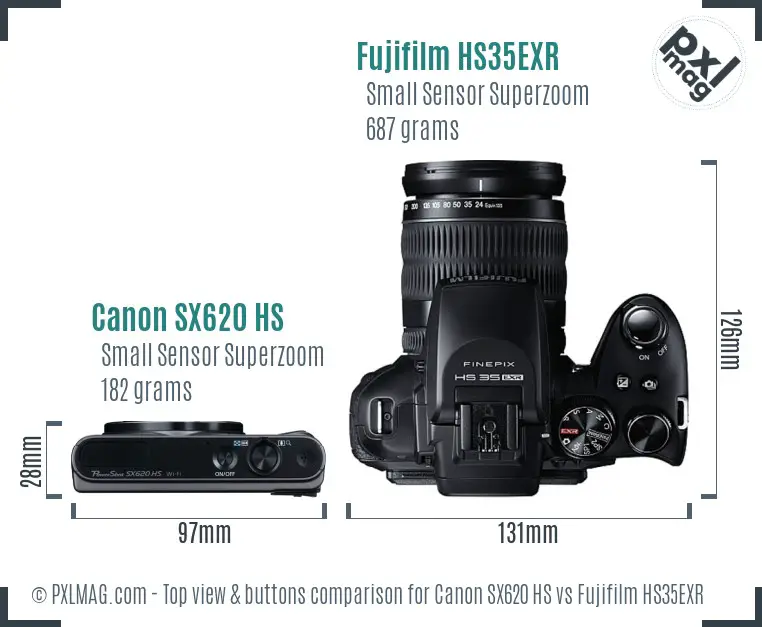Canon SX620 HS vs Fujifilm HS35EXR top view buttons comparison