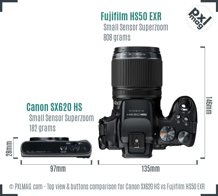 Canon SX620 HS vs Fujifilm HS50 EXR top view buttons comparison Canon SX620 HS vs Fujifilm HS50 EXR top view buttons comparison