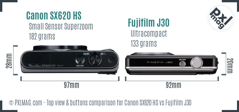 Canon SX620 HS vs Fujifilm J30 top view buttons comparison