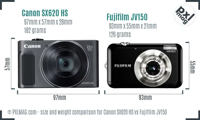 Canon SX620 HS vs Fujifilm JV150 size comparison