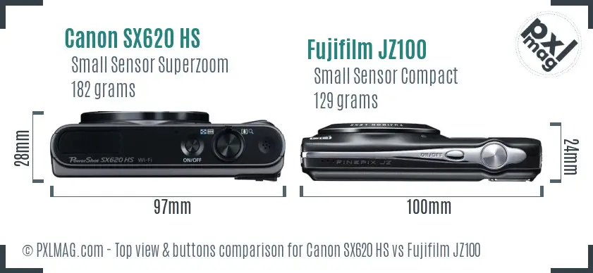 Canon SX620 HS vs Fujifilm JZ100 top view buttons comparison