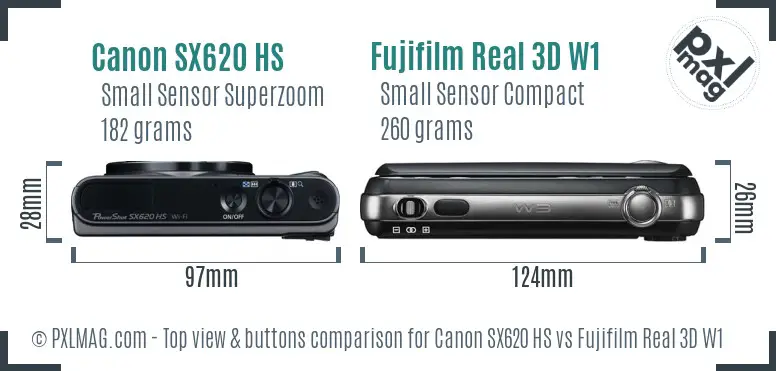 Canon SX620 HS vs Fujifilm Real 3D W1 top view buttons comparison