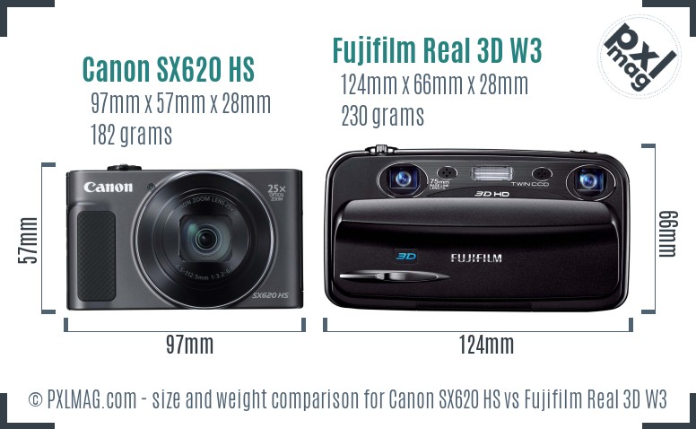 Canon SX620 HS vs Fujifilm Real 3D W3 size comparison