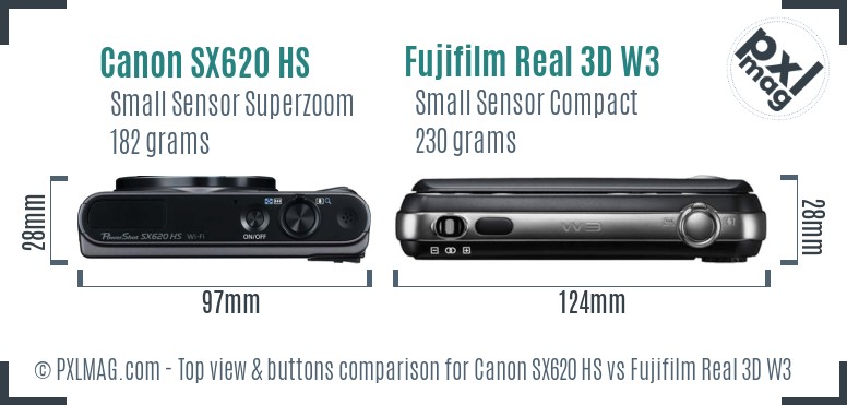 Canon SX620 HS vs Fujifilm Real 3D W3 top view buttons comparison