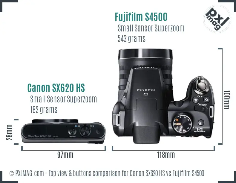 Canon SX620 HS vs Fujifilm S4500 top view buttons comparison