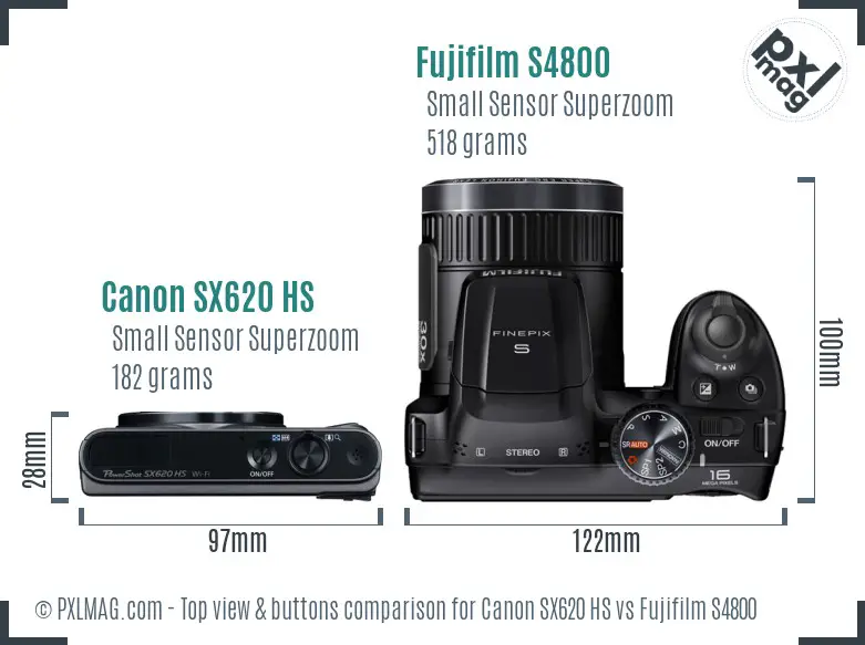 Canon SX620 HS vs Fujifilm S4800 top view buttons comparison