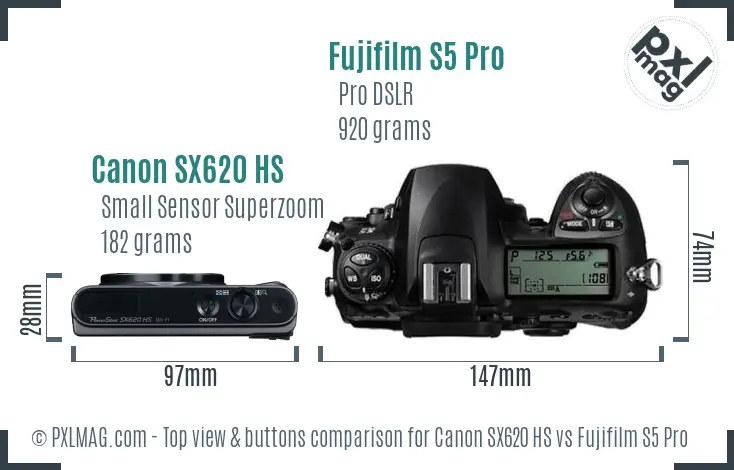 Canon SX620 HS vs Fujifilm S5 Pro top view buttons comparison Canon SX620 HS vs Fujifilm S5 Pro top view buttons comparison
