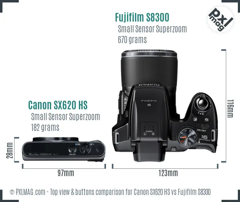 Canon SX620 HS vs Fujifilm S8300 top view buttons comparison Canon SX620 HS vs Fujifilm S8300 top view buttons comparison