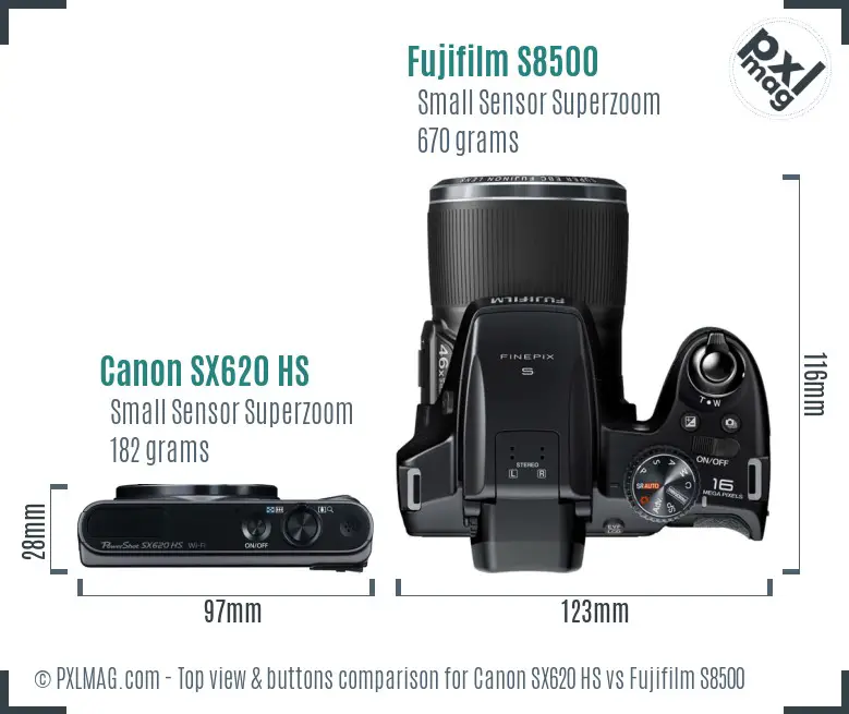 Canon SX620 HS vs Fujifilm S8500 top view buttons comparison