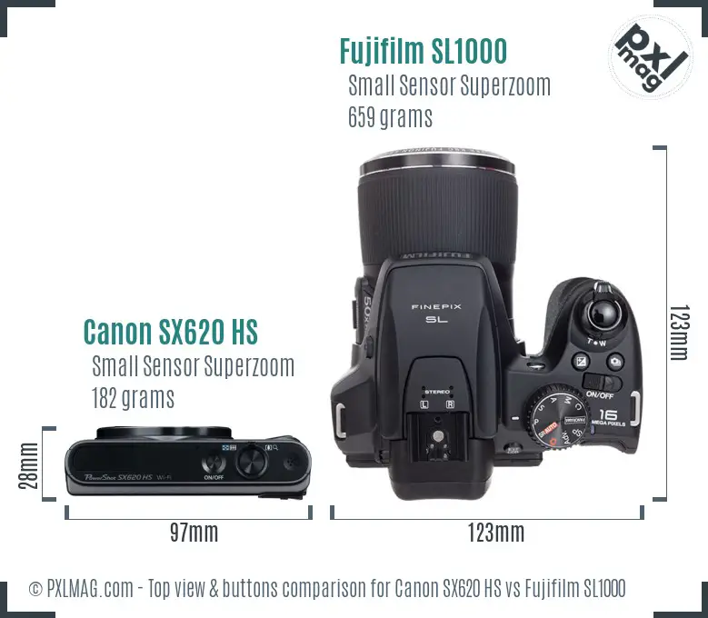 Canon SX620 HS vs Fujifilm SL1000 top view buttons comparison Canon SX620 HS vs Fujifilm SL1000 top view buttons comparison