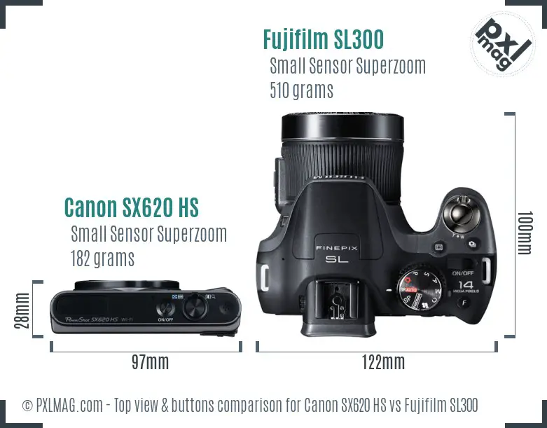 Canon SX620 HS vs Fujifilm SL300 top view buttons comparison