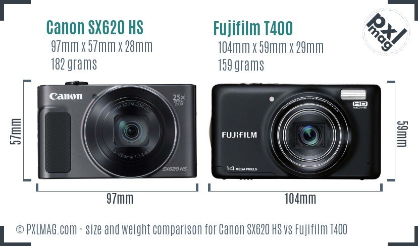 Canon SX620 HS vs Fujifilm T400 size comparison