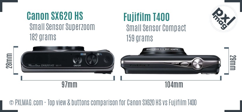 Canon SX620 HS vs Fujifilm T400 top view buttons comparison