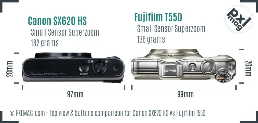 Canon SX620 HS vs Fujifilm T550 top view buttons comparison Canon SX620 HS vs Fujifilm T550 top view buttons comparison