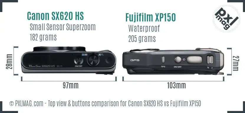 Canon SX620 HS vs Fujifilm XP150 top view buttons comparison