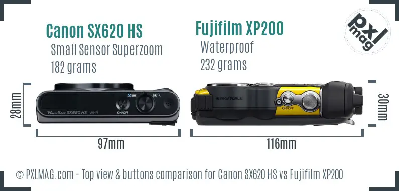 Canon SX620 HS vs Fujifilm XP200 top view buttons comparison