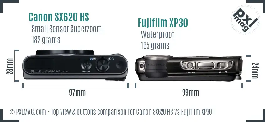 Canon SX620 HS vs Fujifilm XP30 top view buttons comparison