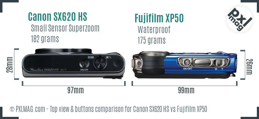 Canon SX620 HS vs Fujifilm XP50 top view buttons comparison Canon SX620 HS vs Fujifilm XP50 top view buttons comparison