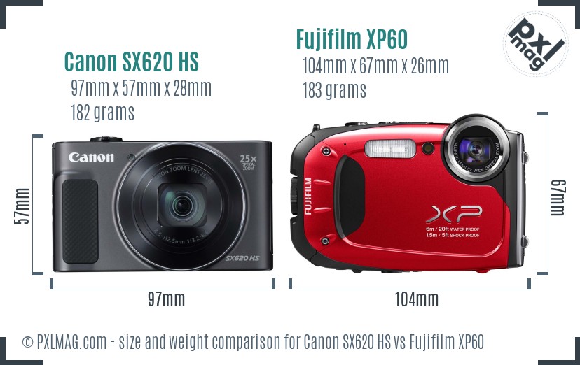 Canon SX620 HS vs Fujifilm XP60 size comparison