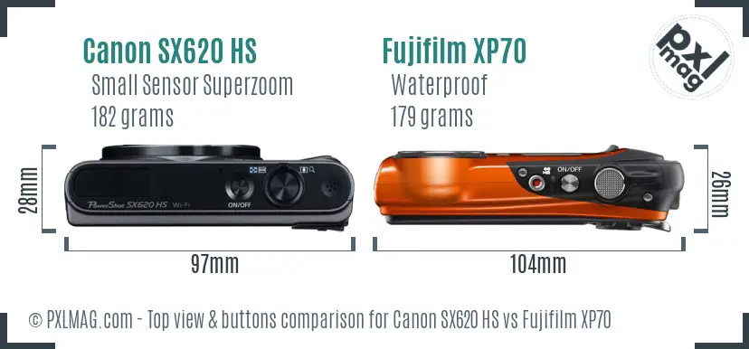 Canon SX620 HS vs Fujifilm XP70 top view buttons comparison Canon SX620 HS vs Fujifilm XP70 top view buttons comparison