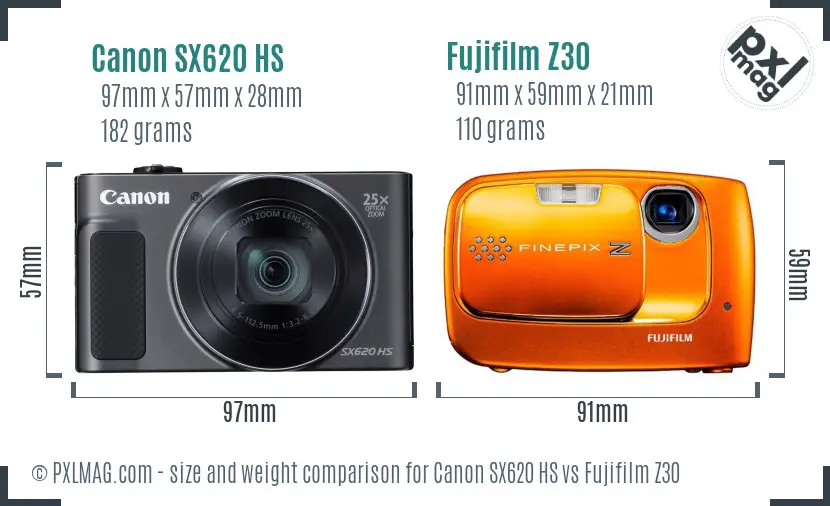 Canon SX620 HS vs Fujifilm Z30 size comparison