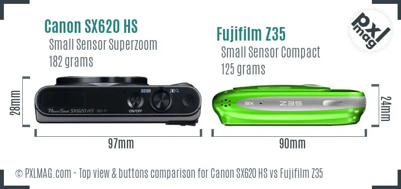 Canon SX620 HS vs Fujifilm Z35 top view buttons comparison