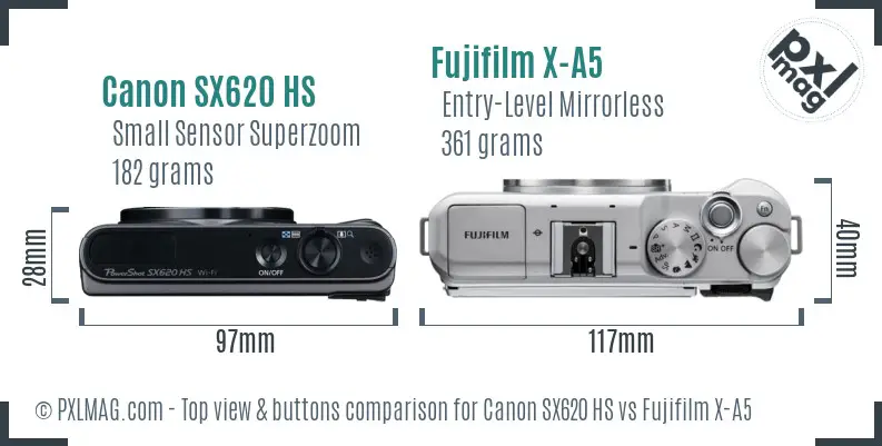 Canon SX620 HS vs Fujifilm X-A5 top view buttons comparison