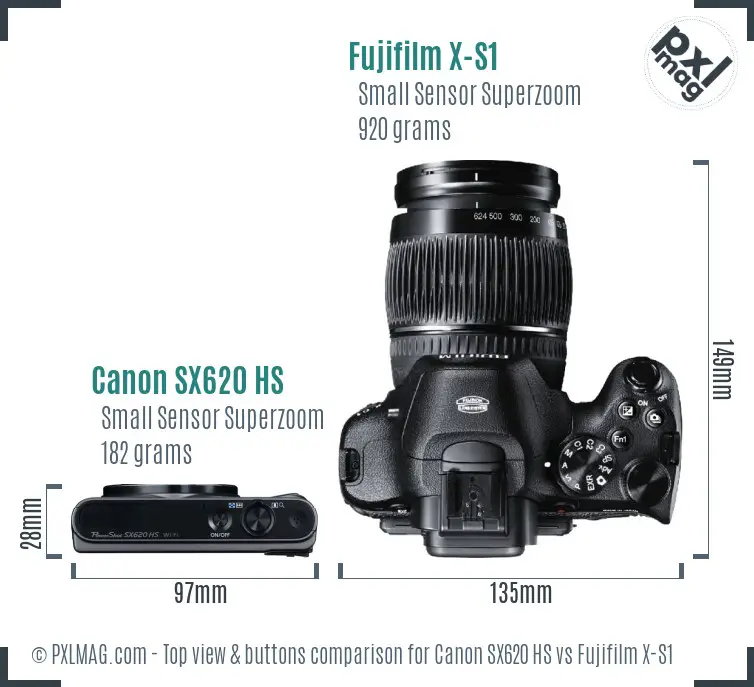 Canon SX620 HS vs Fujifilm X-S1 top view buttons comparison