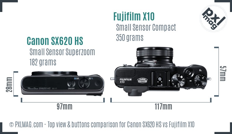 Canon SX620 HS vs Fujifilm X10 top view buttons comparison