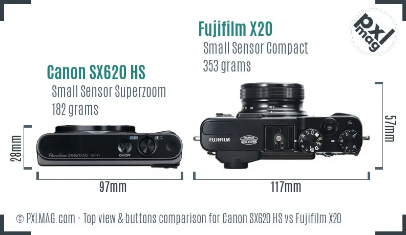 Canon SX620 HS vs Fujifilm X20 top view buttons comparison