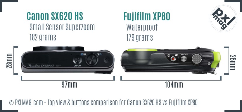 Canon SX620 HS vs Fujifilm XP80 top view buttons comparison