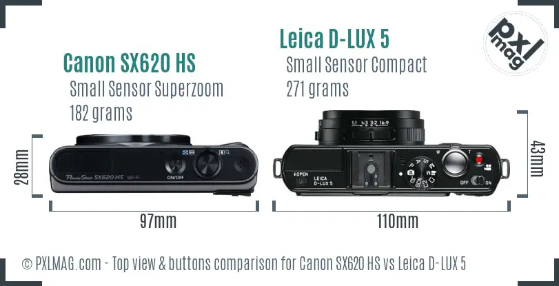 Canon SX620 HS vs Leica D-LUX 5 top view buttons comparison