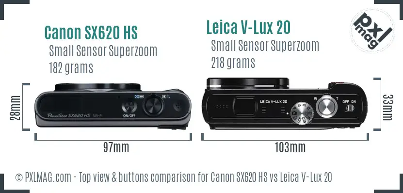 Canon SX620 HS vs Leica V-Lux 20 top view buttons comparison