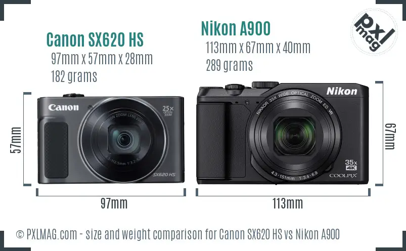 Canon SX620 HS vs Nikon A900 size comparison