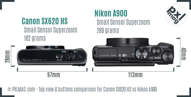 Canon SX620 HS vs Nikon A900 top view buttons comparison