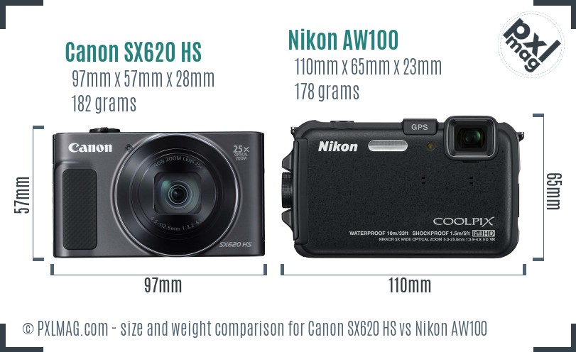 Canon SX620 HS vs Nikon AW100 size comparison