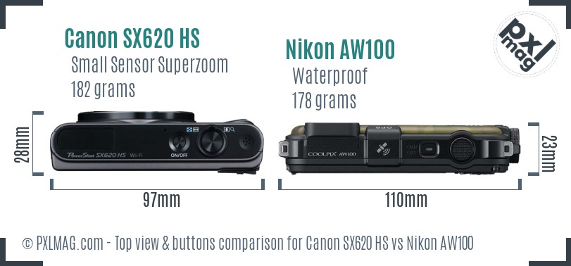 Canon SX620 HS vs Nikon AW100 top view buttons comparison