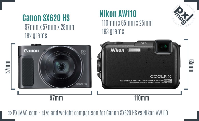 Canon SX620 HS vs Nikon AW110 size comparison