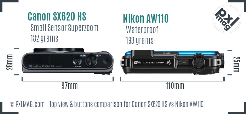 Canon SX620 HS vs Nikon AW110 top view buttons comparison