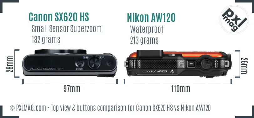 Canon SX620 HS vs Nikon AW120 top view buttons comparison