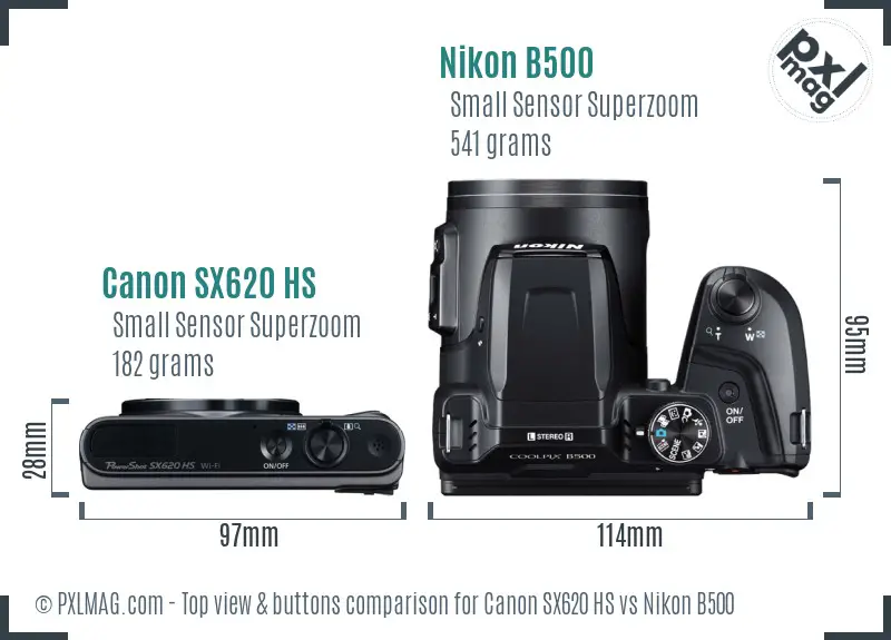Canon SX620 HS vs Nikon B500 top view buttons comparison