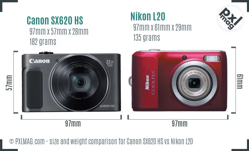 Canon SX620 HS vs Nikon L20 size comparison