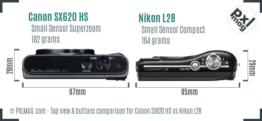 Canon SX620 HS vs Nikon L28 top view buttons comparison Canon SX620 HS vs Nikon L28 top view buttons comparison