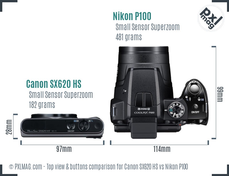 Canon SX620 HS vs Nikon P100 top view buttons comparison