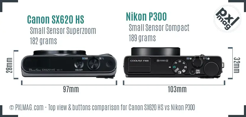 Canon SX620 HS vs Nikon P300 top view buttons comparison
