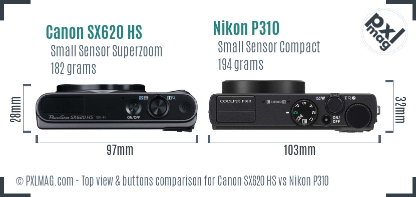 Canon SX620 HS vs Nikon P310 top view buttons comparison