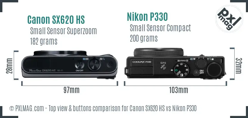 Canon SX620 HS vs Nikon P330 top view buttons comparison